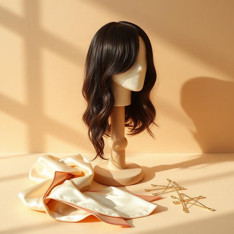 A Mirah wig on a stand beside a silk wrap and gold pins